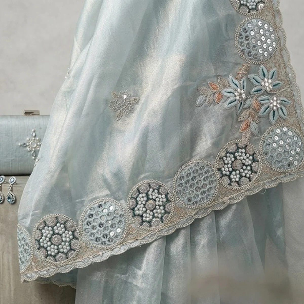 Light Pastel Blue Sheer Organza Saree thumbnail 4