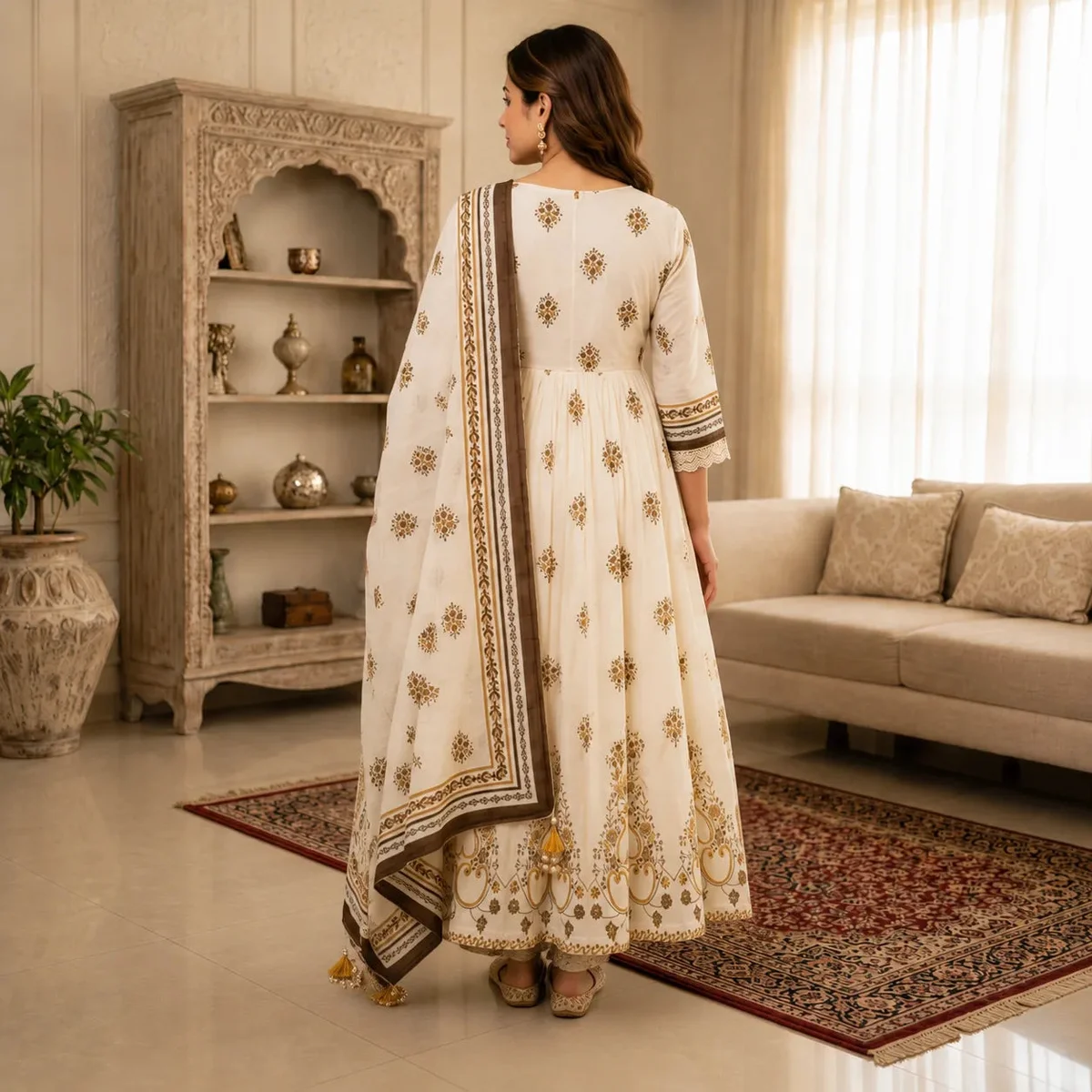 Women's Ivory & Gold Printed Anarkali Kurta Set with Dupatta thumbnail 2
