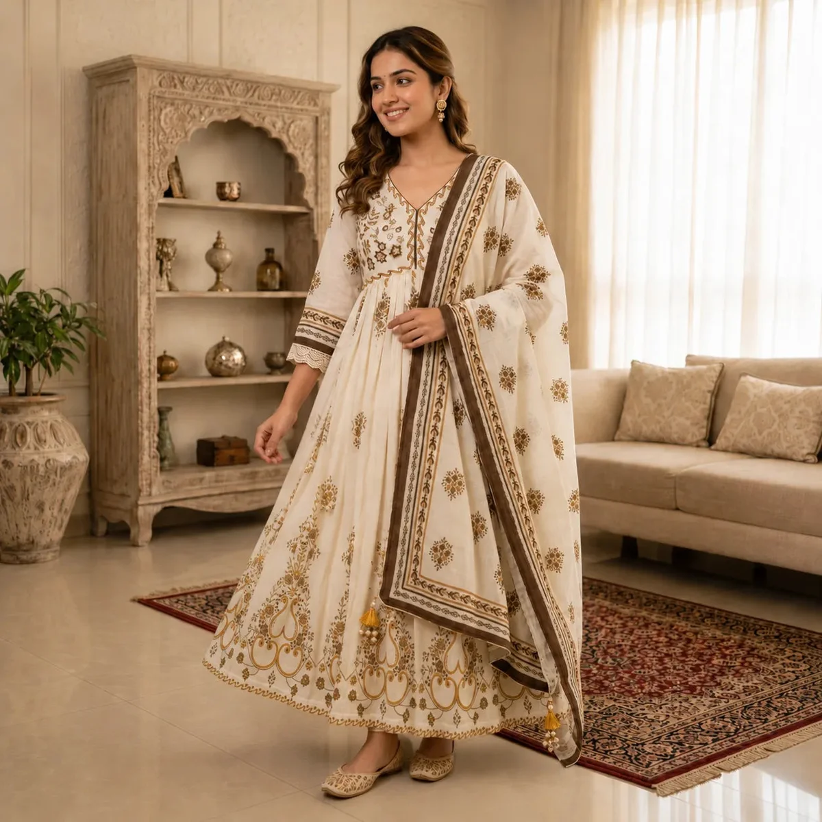 Women's Ivory & Gold Printed Anarkali Kurta Set with Dupatta thumbnail 3