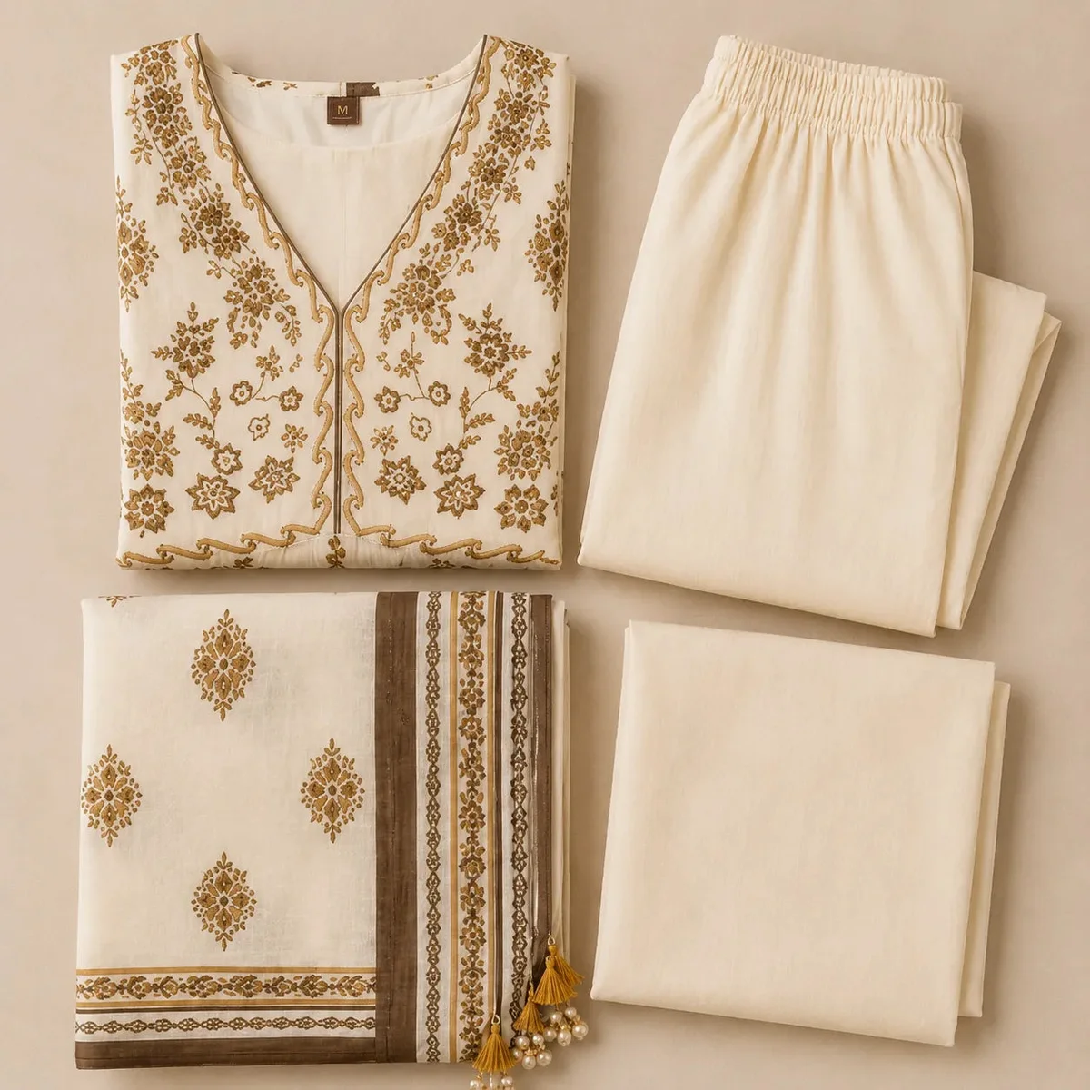 Women's Ivory & Gold Printed Anarkali Kurta Set with Dupatta thumbnail 4