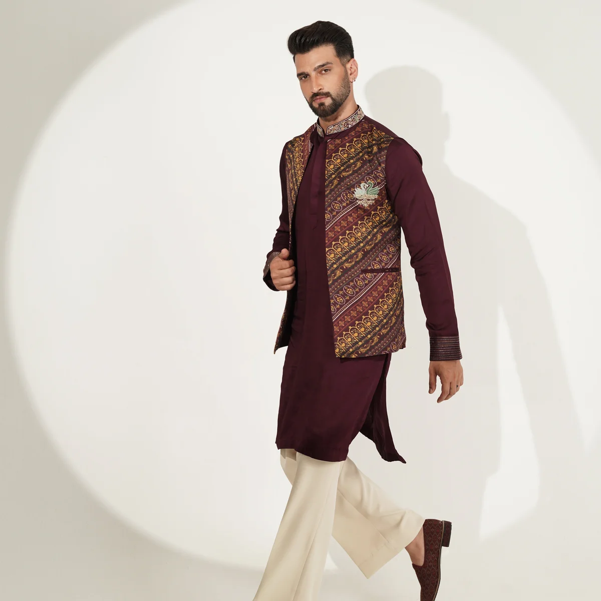 Deep Wine Kurta Set with Printed Jacket