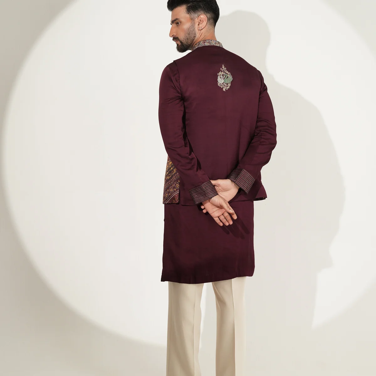 Deep Wine Kurta Set with Printed Jacket thumbnail 2