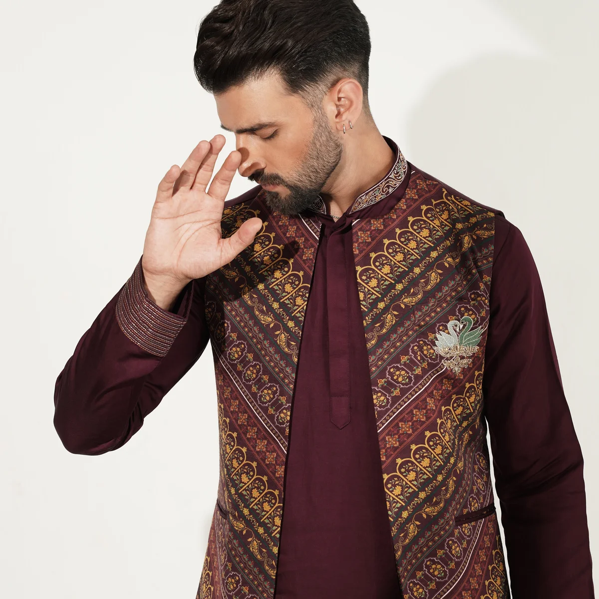 Deep Wine Kurta Set with Printed Jacket thumbnail 3