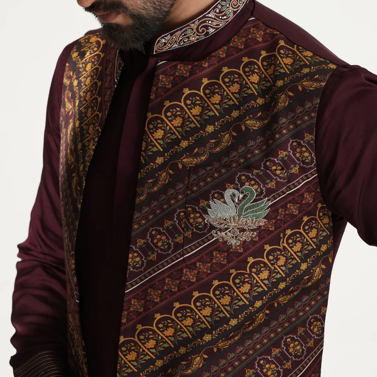 Deep Wine Kurta Set with Printed Jacket thumbnail 4