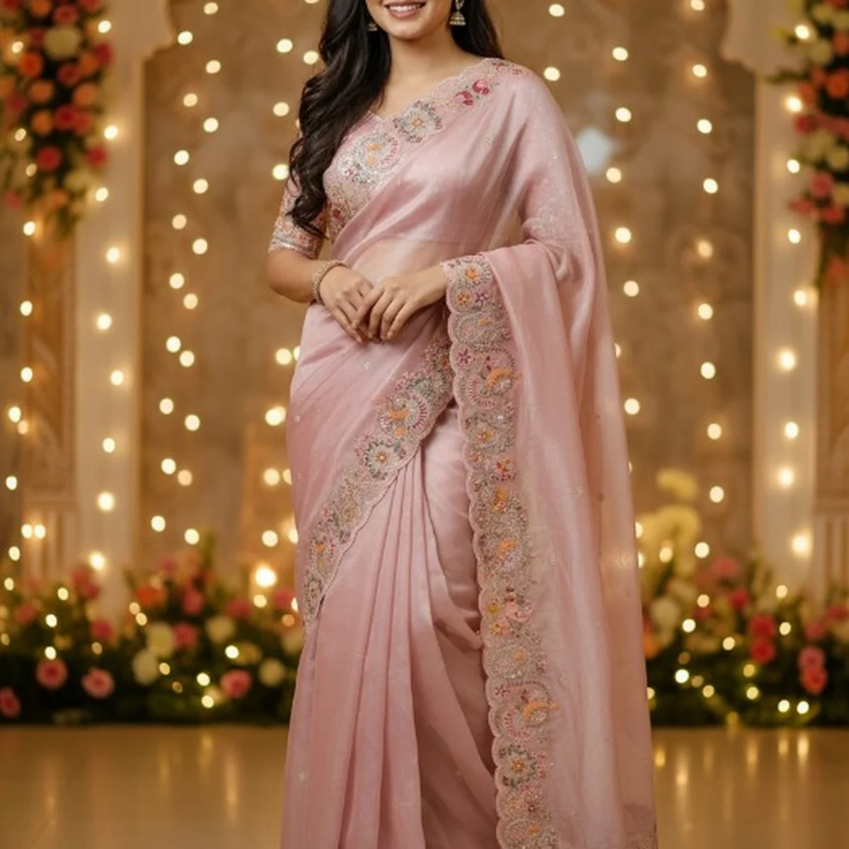 Pastel Baby Pink Organza Saree
