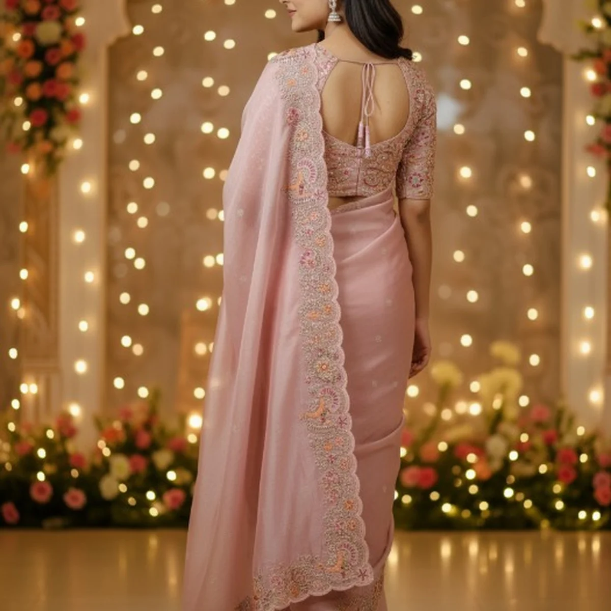 Pastel Baby Pink Organza Saree thumbnail 3