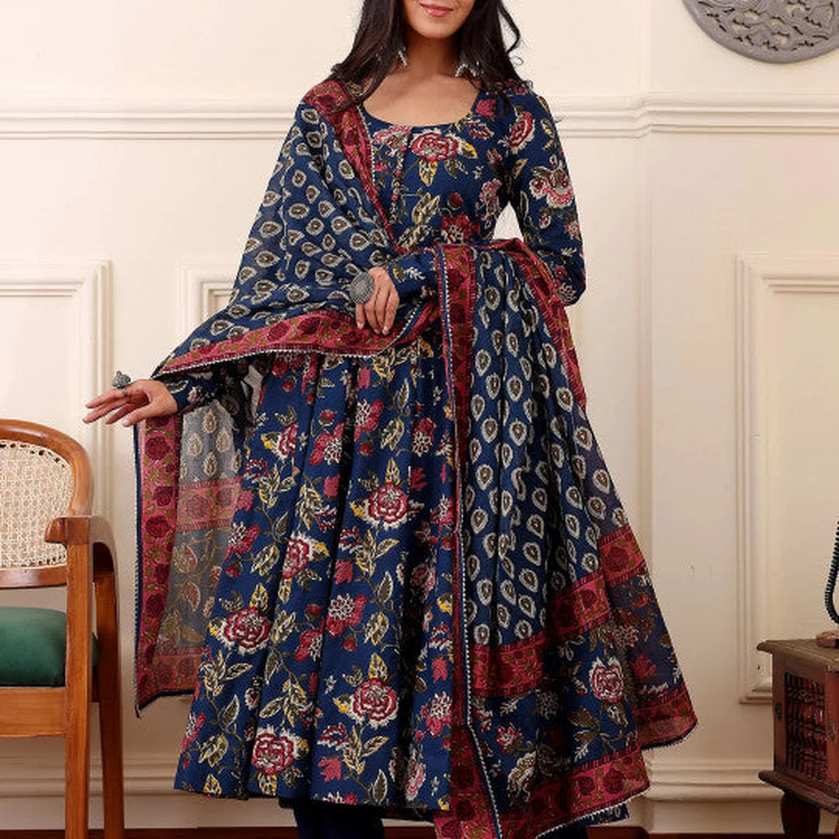 Floral Printed Anarkali Kurta With Trousers And Dupatta