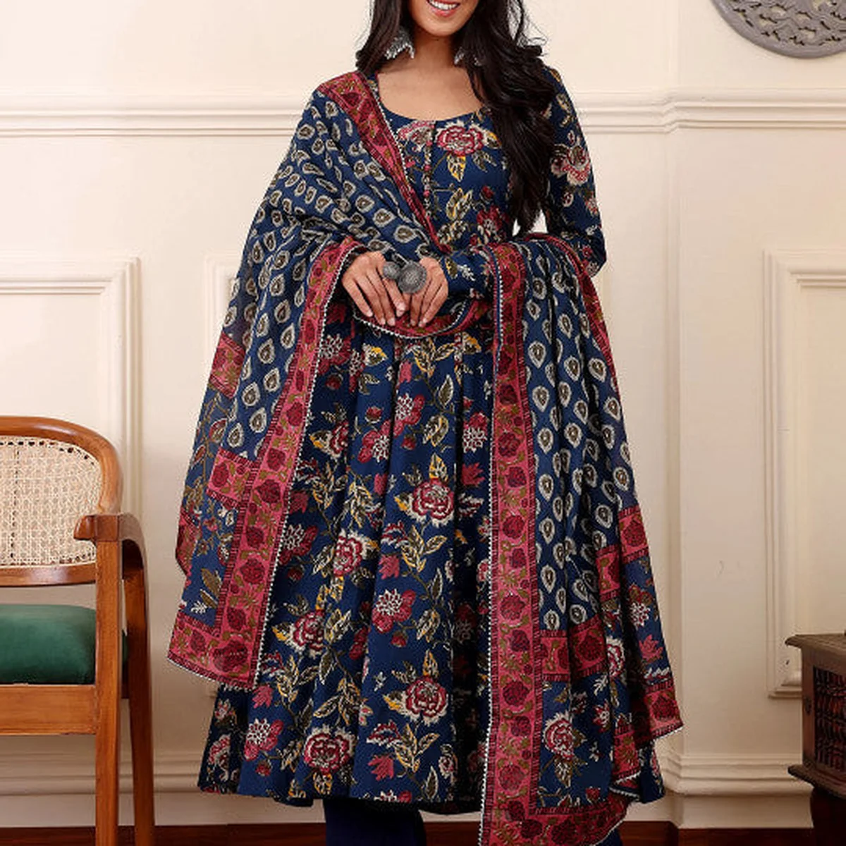 Floral Printed Anarkali Kurta With Trousers And Dupatta thumbnail 4