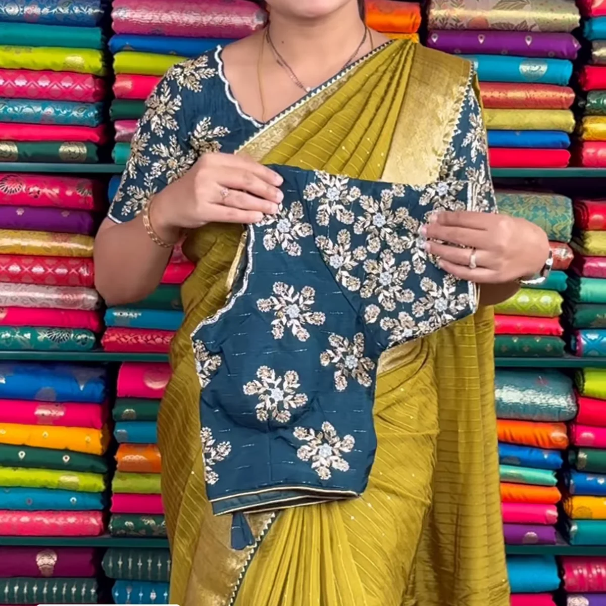 Mustard Yellow Crinkle-Textured Saree with Ornate Gold Zari Border and Embroidered Teal Blouse thumbnail 4