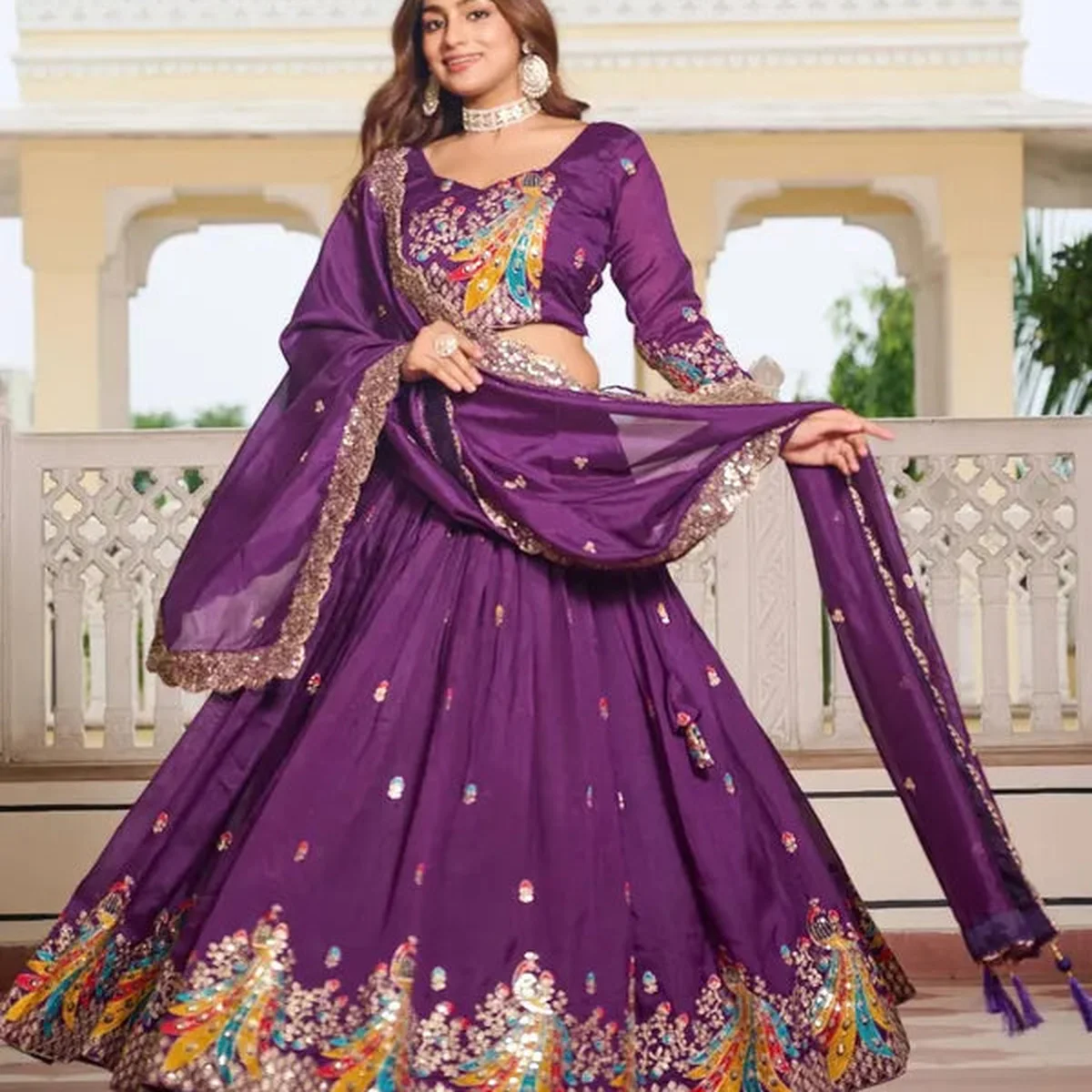 Women's Ethnic Navratri Purple Lehenga Choli with Embroidered Blouse & Bandhani Dupatta