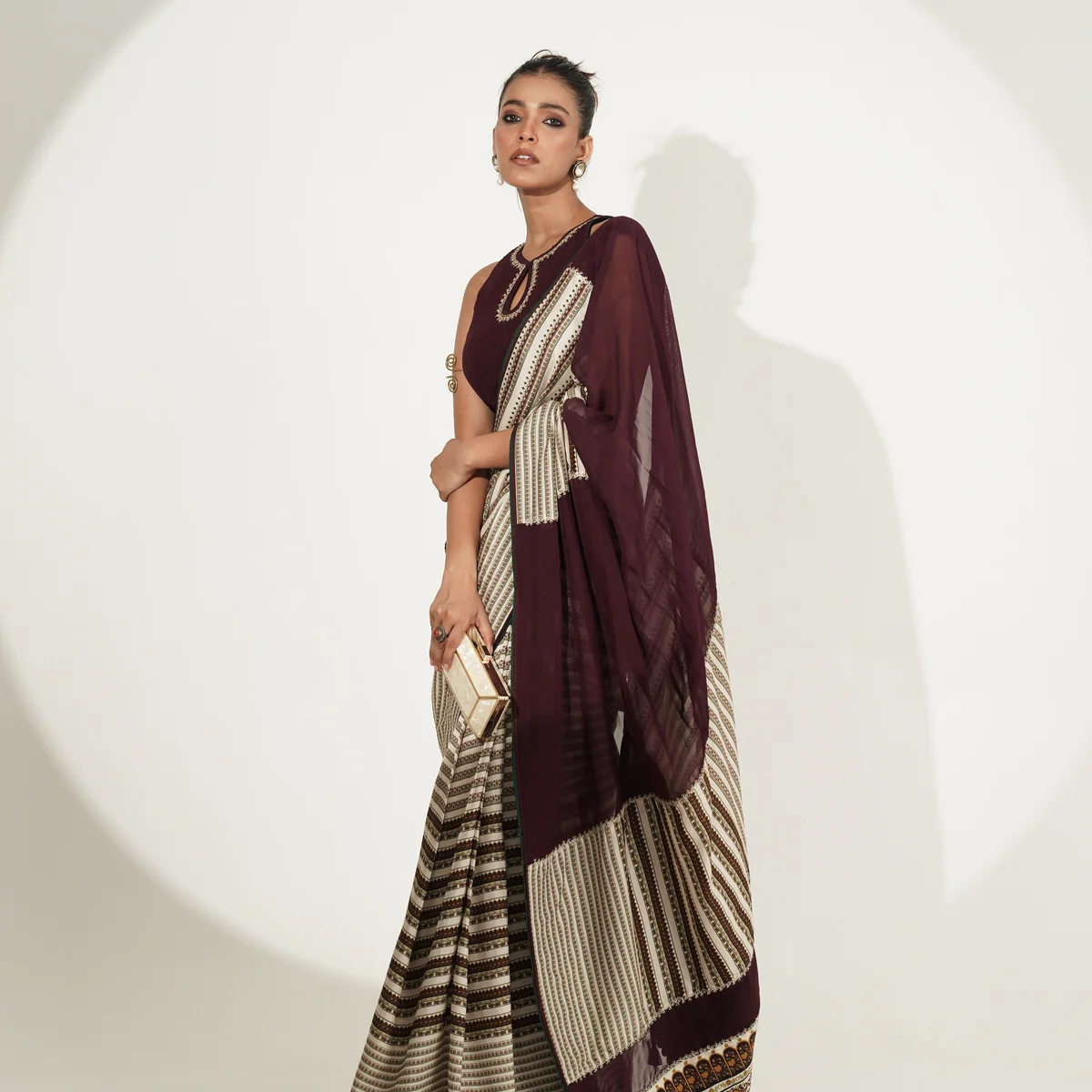Maroon & Ivory Printed Saree with Contrast Blouse
