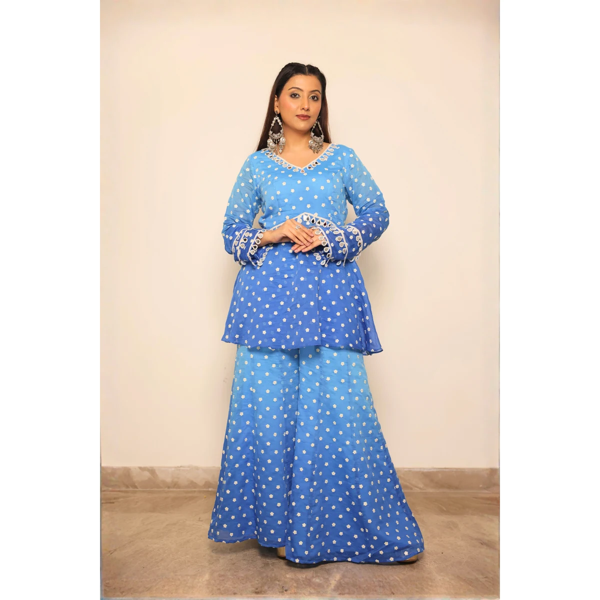 Blue Chanderi Top with Boot Cut Pants