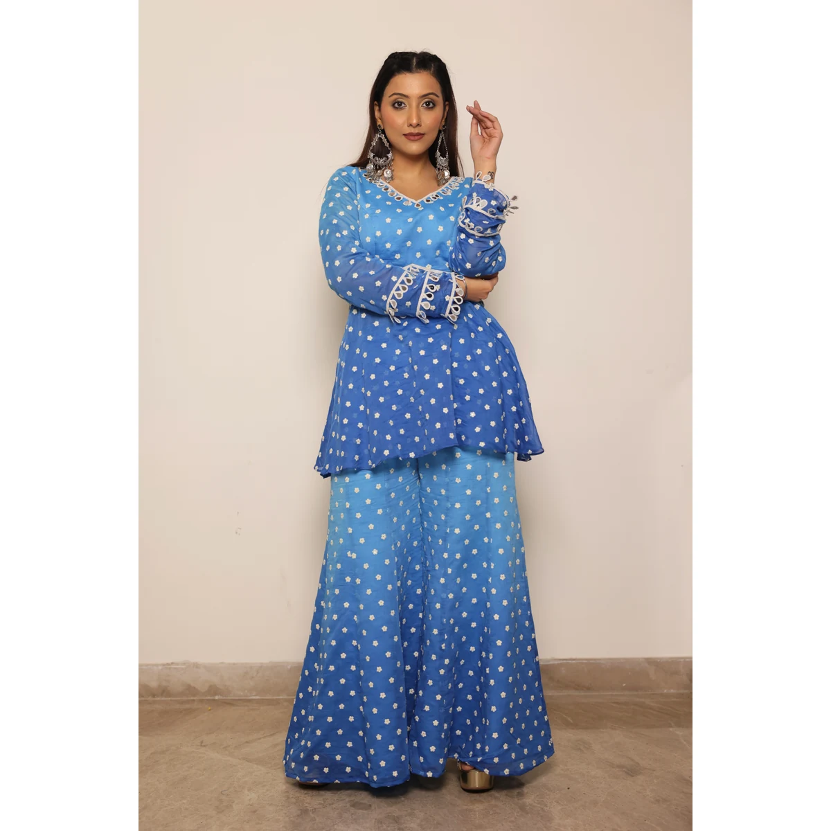 Blue Chanderi Top with Boot Cut Pants thumbnail 2
