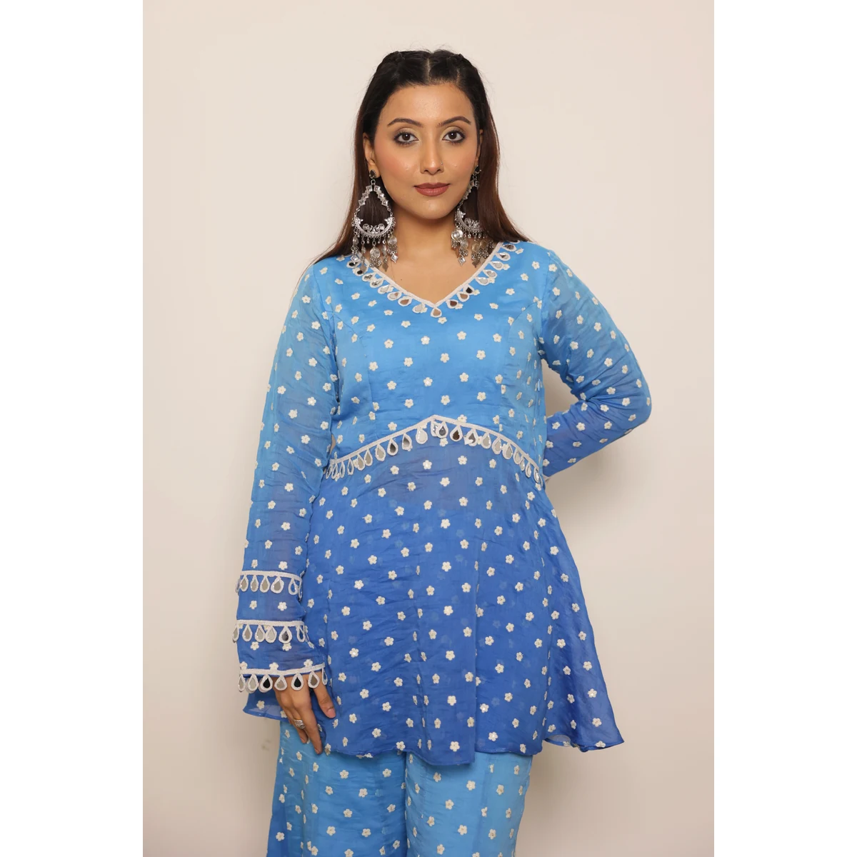 Blue Chanderi Top with Boot Cut Pants thumbnail 3