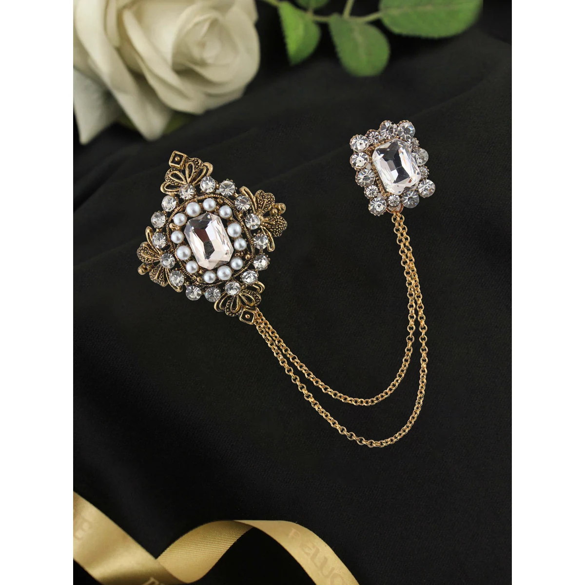 Kavove Regal Crystal Chain White Colour Brooch For Men