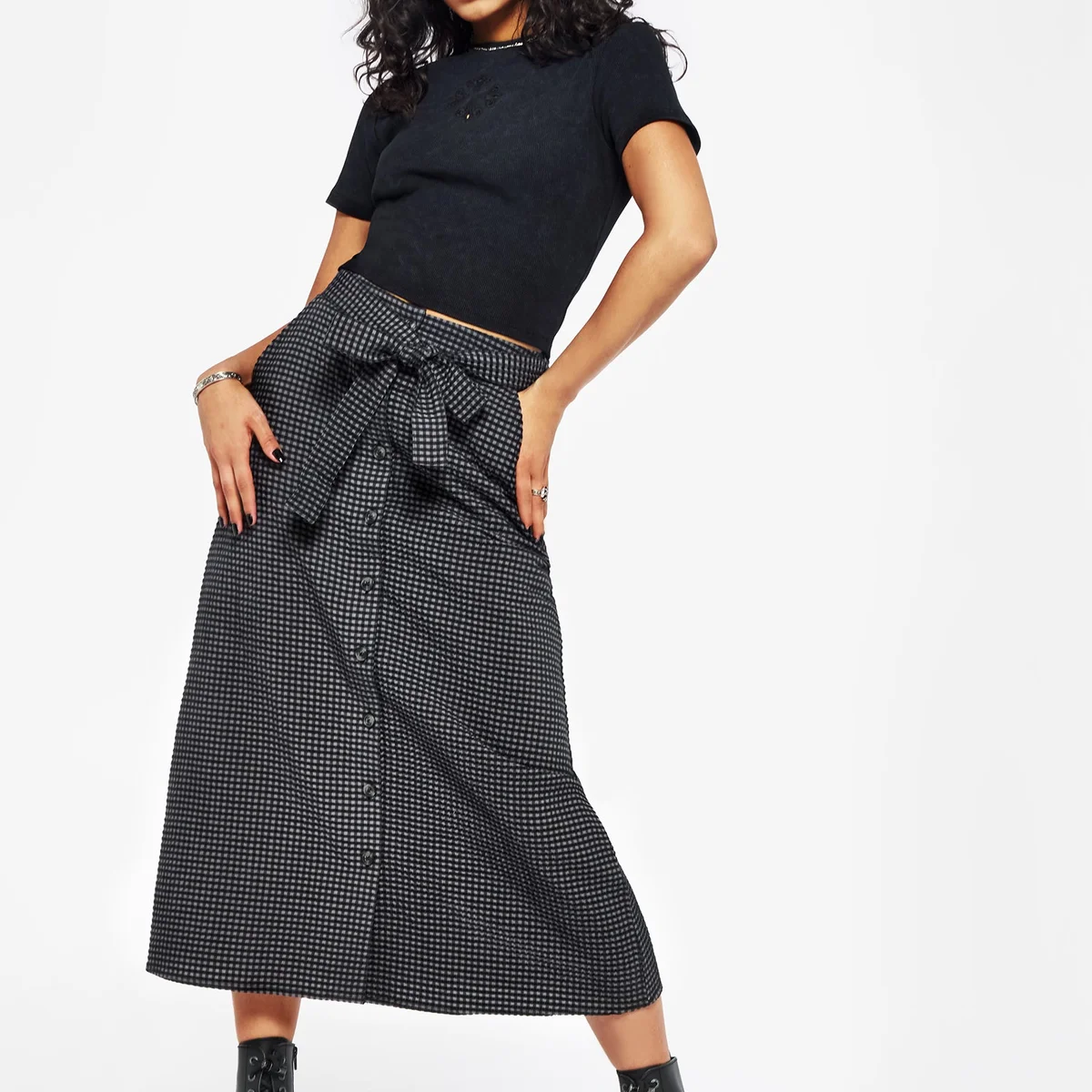 Faythe Cotton Check Button Up Midi Skirt