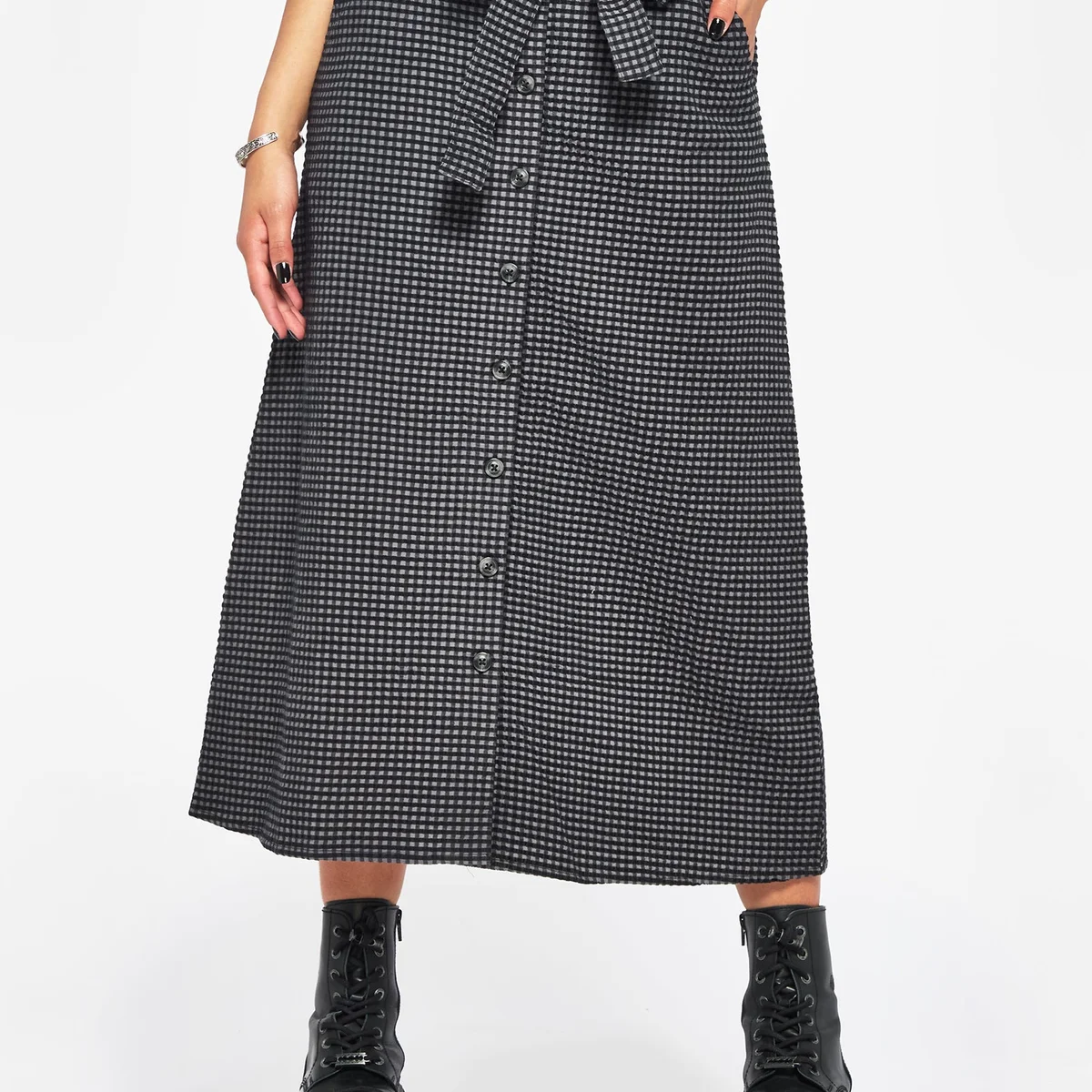 Faythe Cotton Check Button Up Midi Skirt thumbnail 4