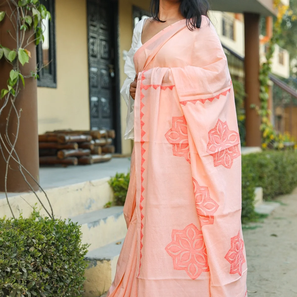 Peach Applique Work Cotton Saree with Blouse Piece