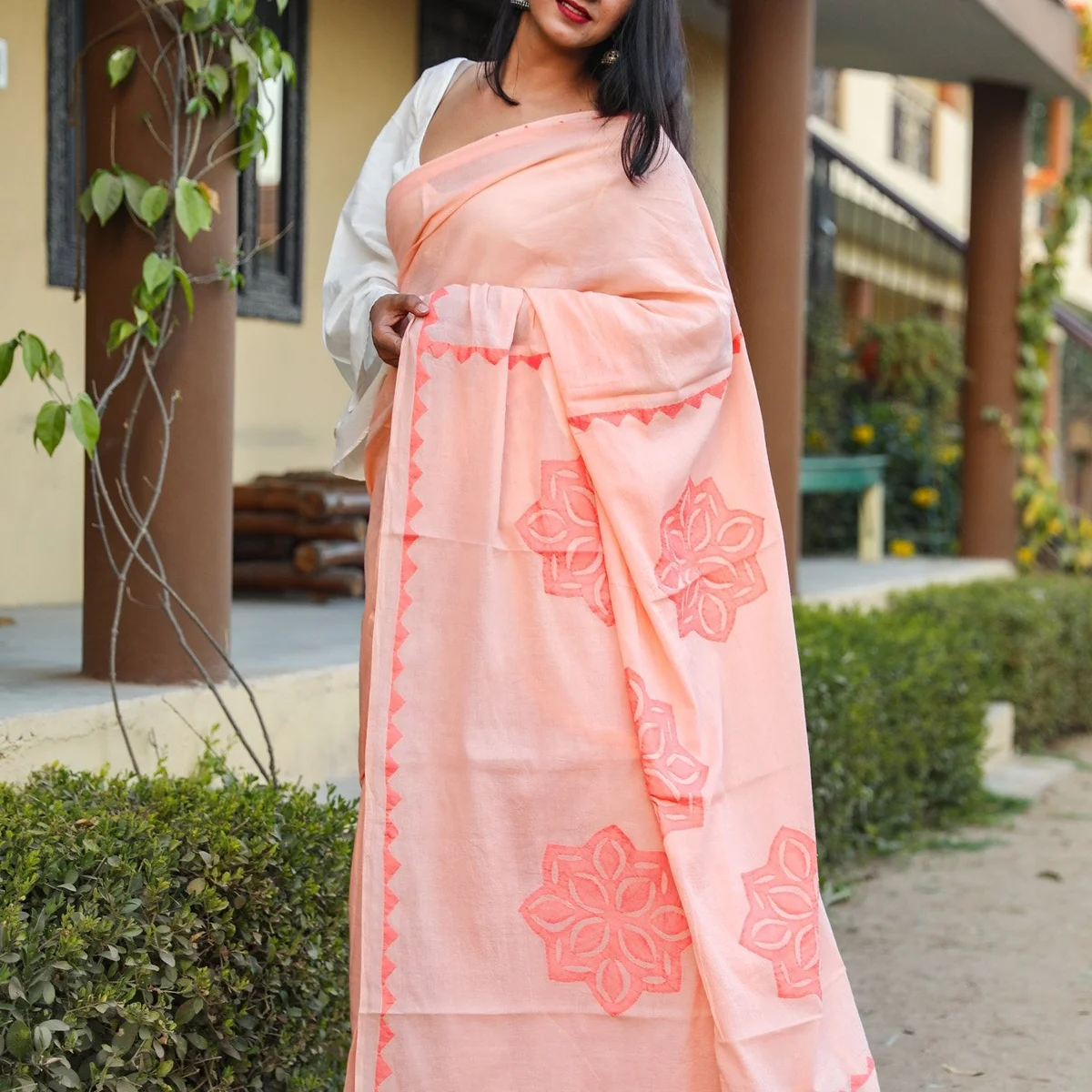 Peach Applique Work Cotton Saree with Blouse Piece thumbnail 3