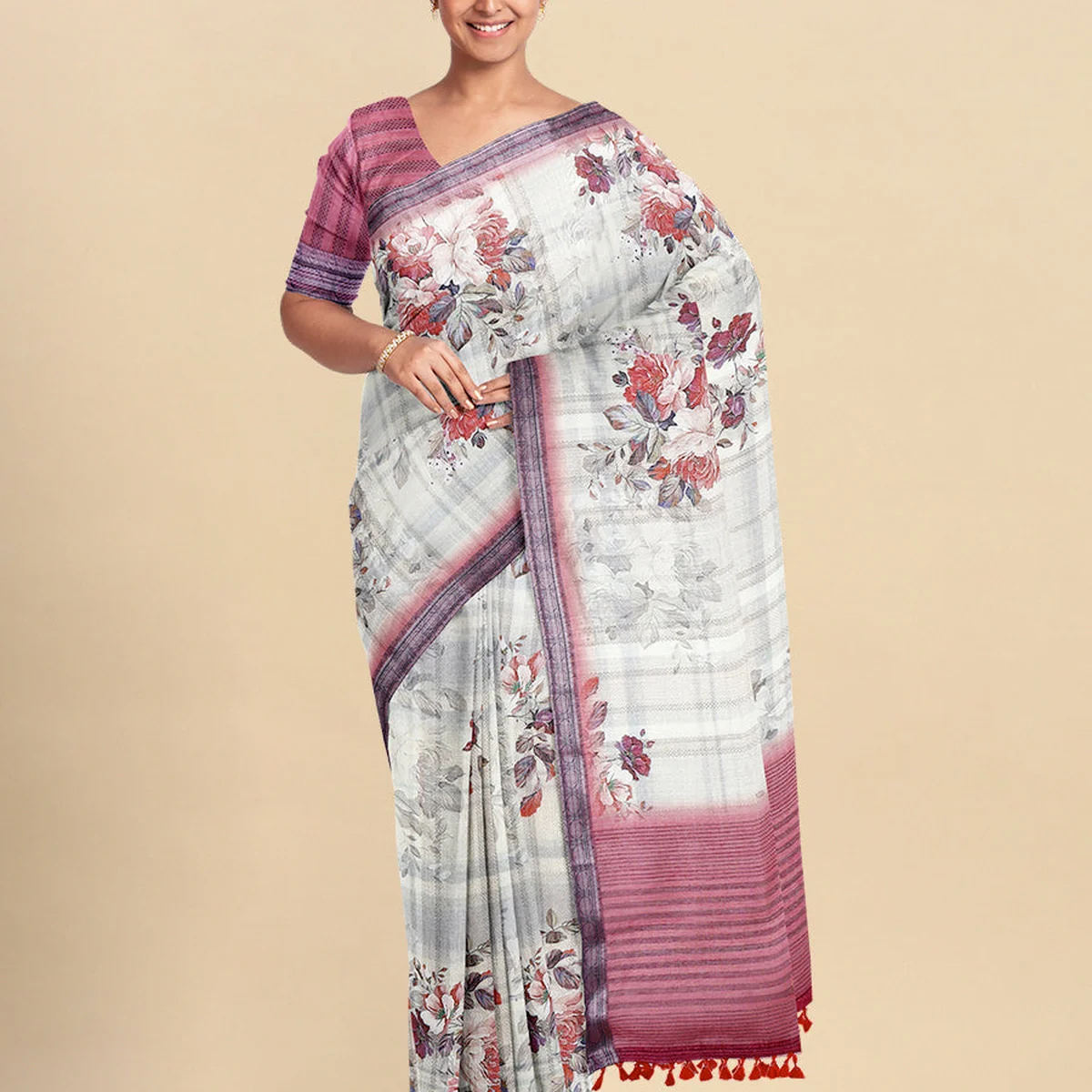 Semi Cotton Sandal & Pink Colour Printed Saree CPS23