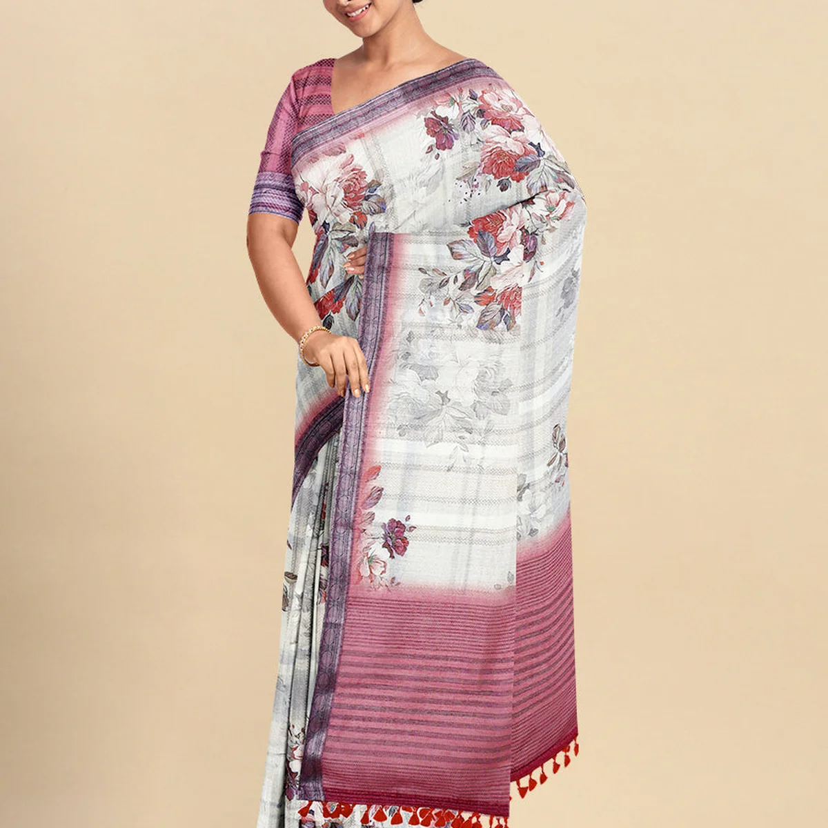 Semi Cotton Sandal & Pink Colour Printed Saree CPS23 thumbnail 2
