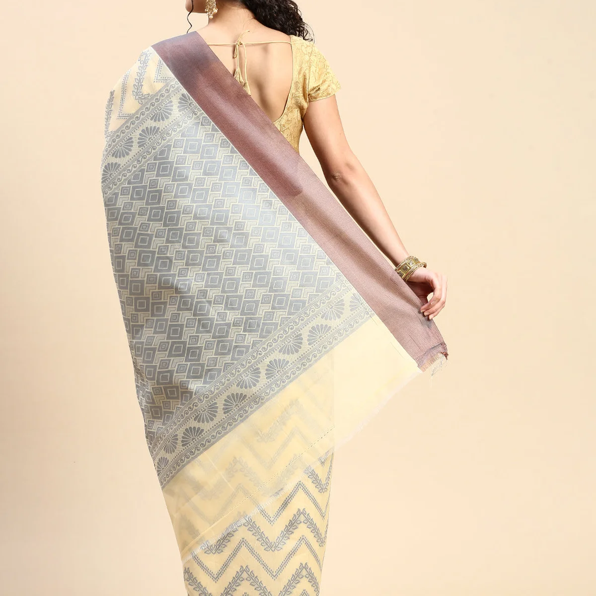 Stylish Copper Jari Sandal & Navy Semi Kora Cotton Saree SK81 thumbnail 3