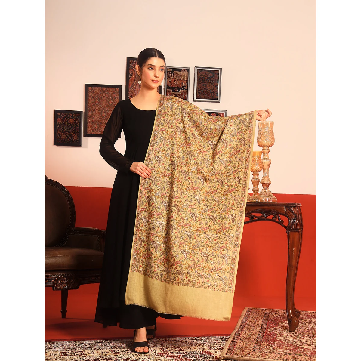Premium Women’s 100% Pure Wool Sozni Hand Embroidered Stole (Size: 71x203 cm) thumbnail 2