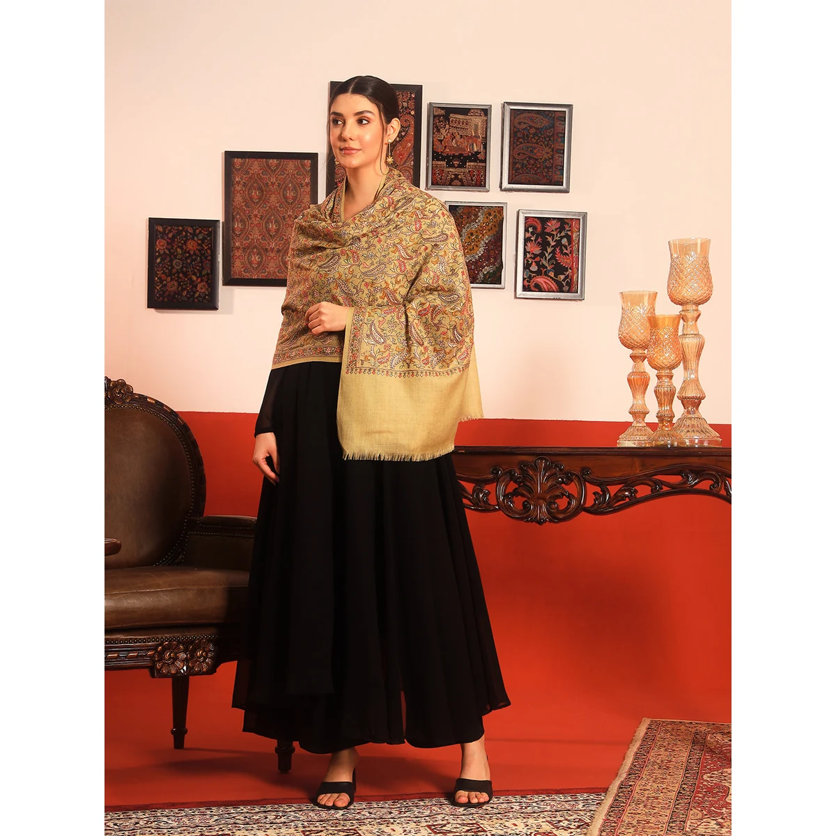 Premium Women’s 100% Pure Wool Sozni Hand Embroidered Stole (Size: 71x203 cm) thumbnail 3