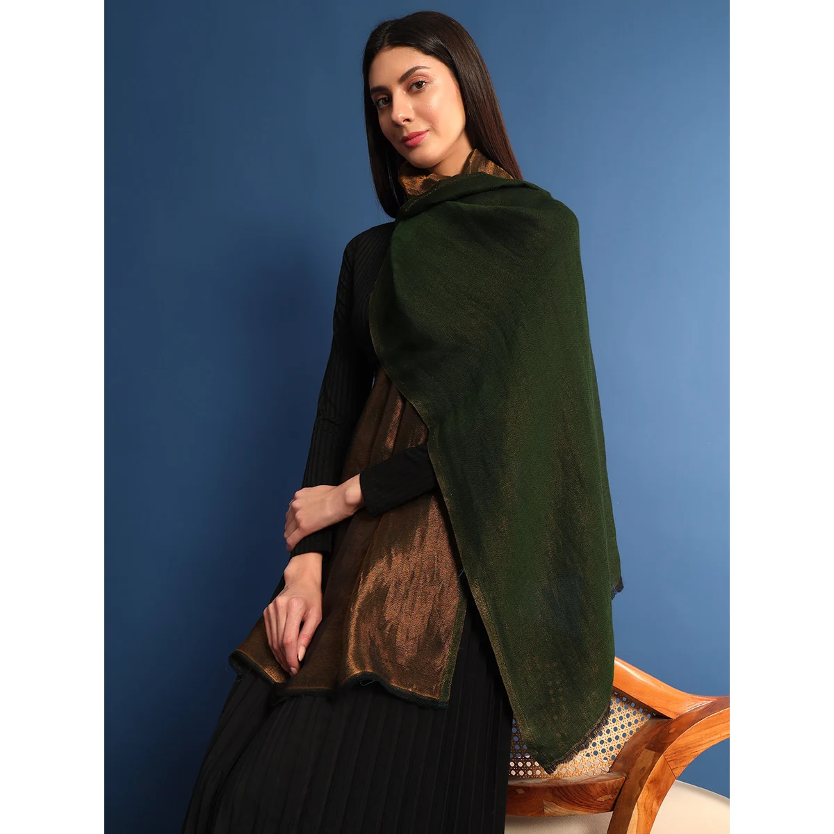 Premium Women’s Zarish Reversible Zari Moonlight Fine Wool Stole (Size: 71x203 Cm)