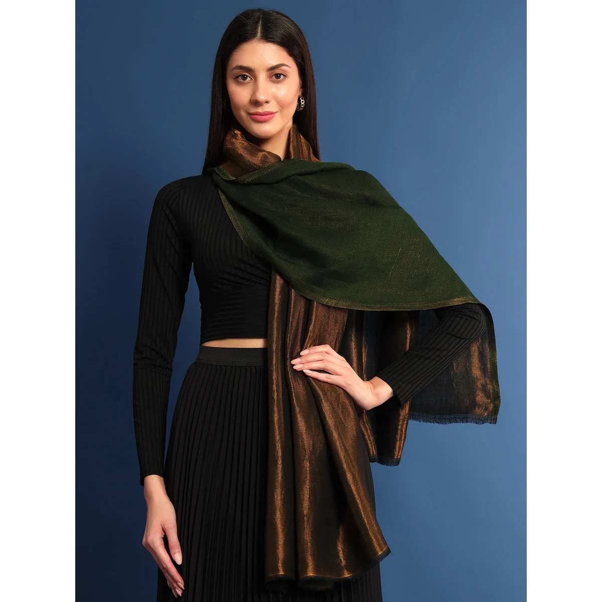 Premium Women’s Zarish Reversible Zari Moonlight Fine Wool Stole (Size: 71x203 Cm) thumbnail 2