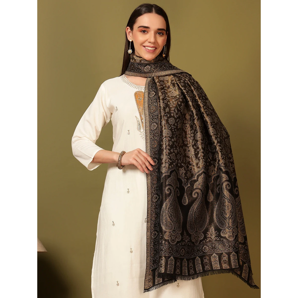 Premium Women Hunar Zari Kaani Fine Wool Shawl (Size: 101x203 cm) thumbnail 2