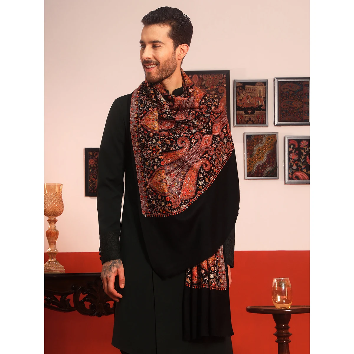 Premium Men Mahnoor 100% Pure Wool Sozni Hand Embroidered Shawl (Size: 101x203 CM)