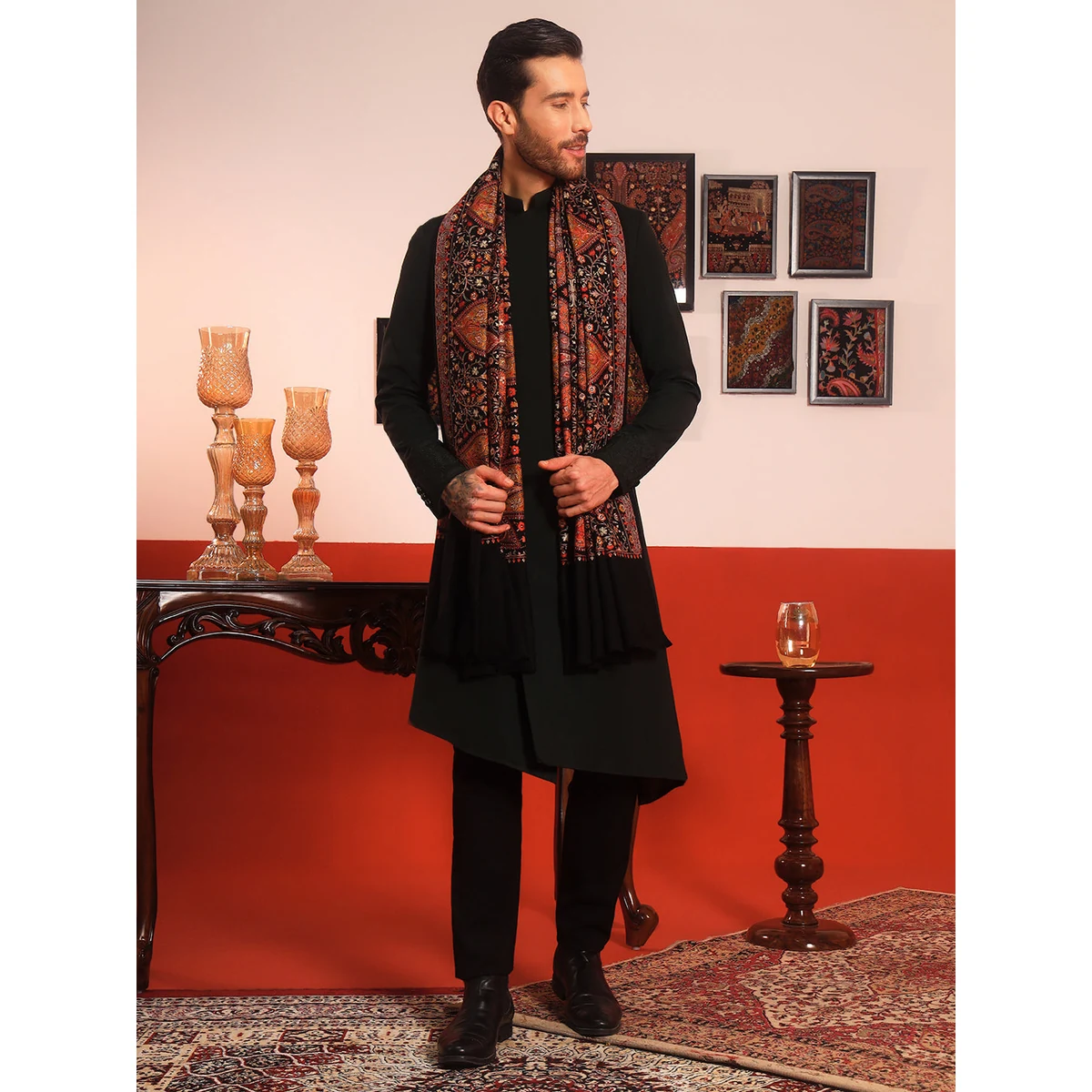 Premium Men Mahnoor 100% Pure Wool Sozni Hand Embroidered Shawl (Size: 101x203 CM) thumbnail 2