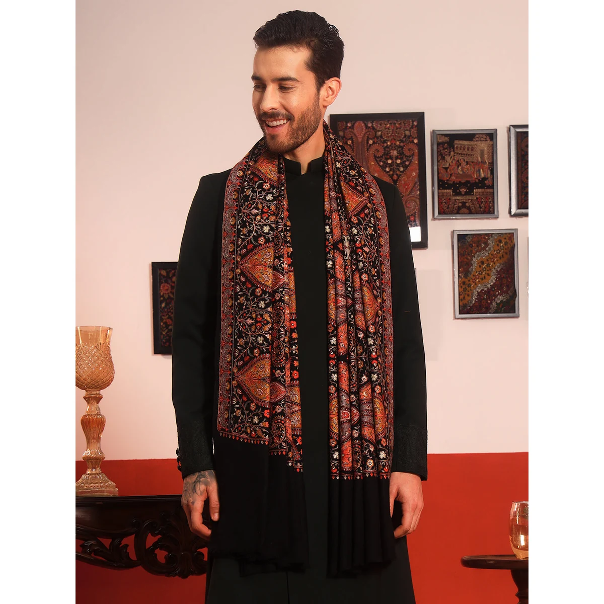 Premium Men Mahnoor 100% Pure Wool Sozni Hand Embroidered Shawl (Size: 101x203 CM) thumbnail 3