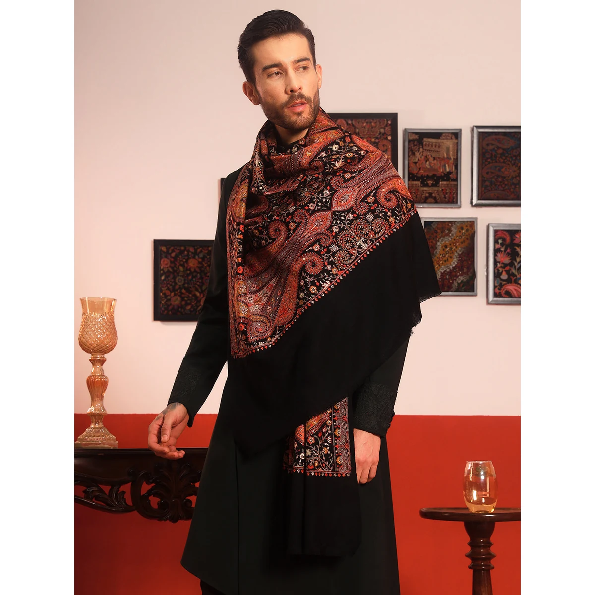 Premium Men Mahnoor 100% Pure Wool Sozni Hand Embroidered Shawl (Size: 101x203 CM) thumbnail 4