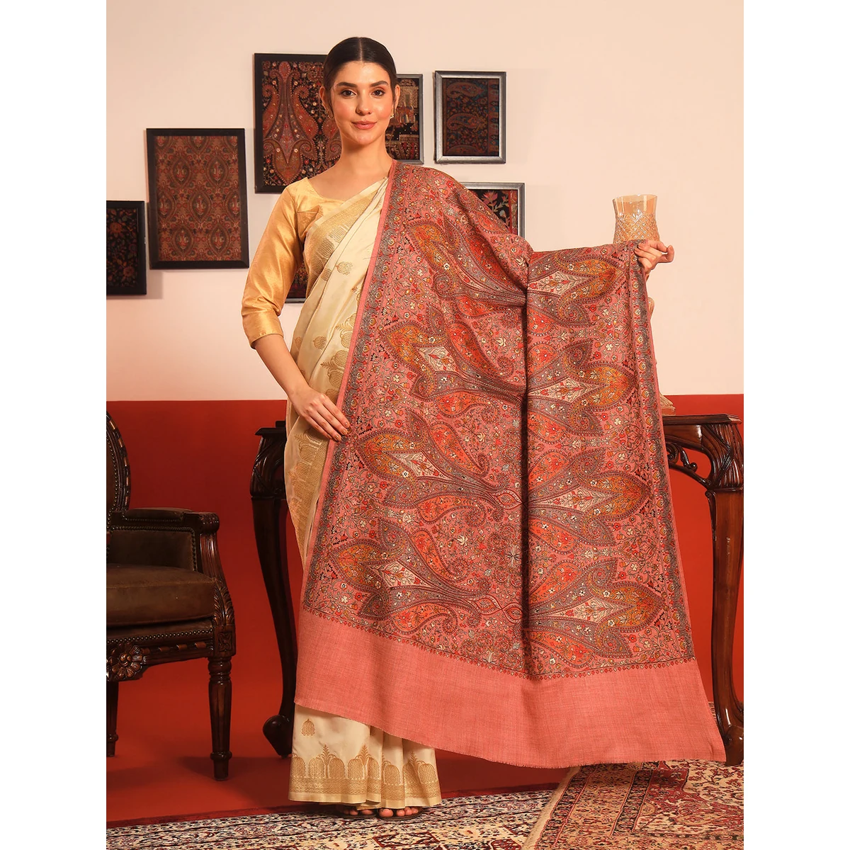 Premium Women Mahnoor 100% Pure Wool Sozni Hand Embroidered Shawl (Size: 101x203 Cm)