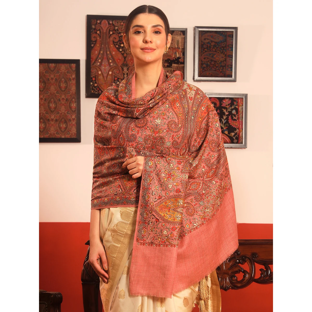 Premium Women Mahnoor 100% Pure Wool Sozni Hand Embroidered Shawl (Size: 101x203 Cm) thumbnail 2