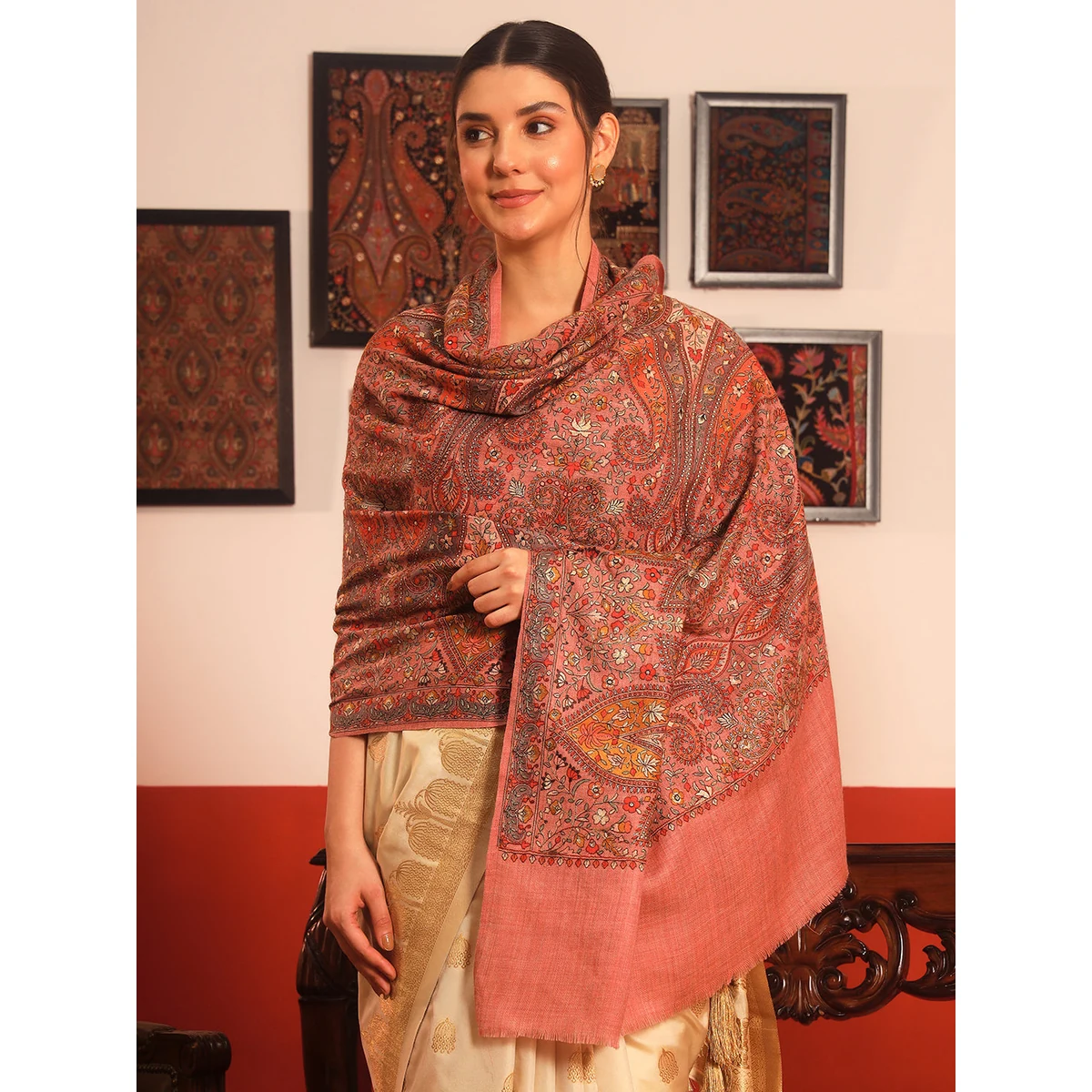 Premium Women Mahnoor 100% Pure Wool Sozni Hand Embroidered Shawl (Size: 101x203 Cm) thumbnail 3