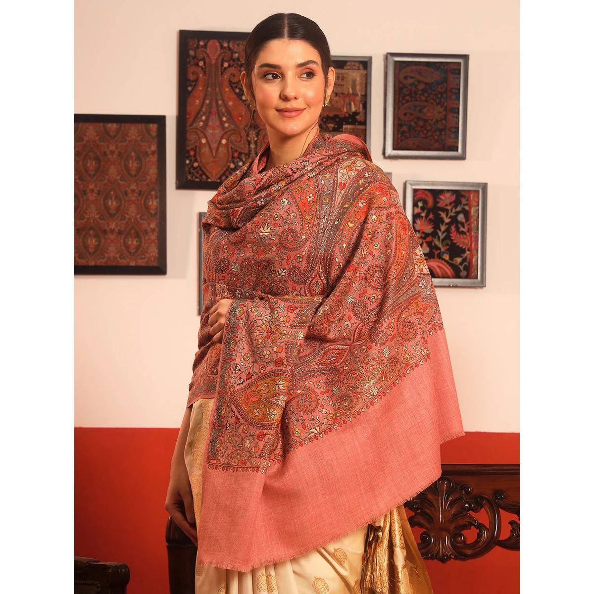 Premium Women Mahnoor 100% Pure Wool Sozni Hand Embroidered Shawl (Size: 101x203 Cm) thumbnail 4