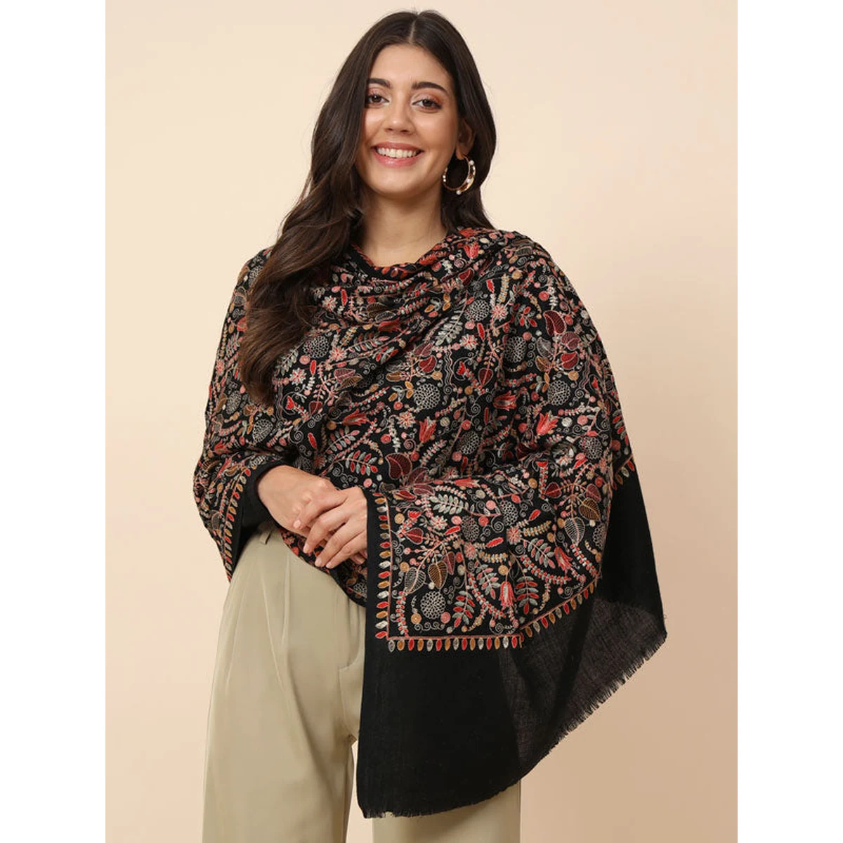 Women Gilkaari 100% Pure Wool Embroidered Shawl (Size 101X203 CM)