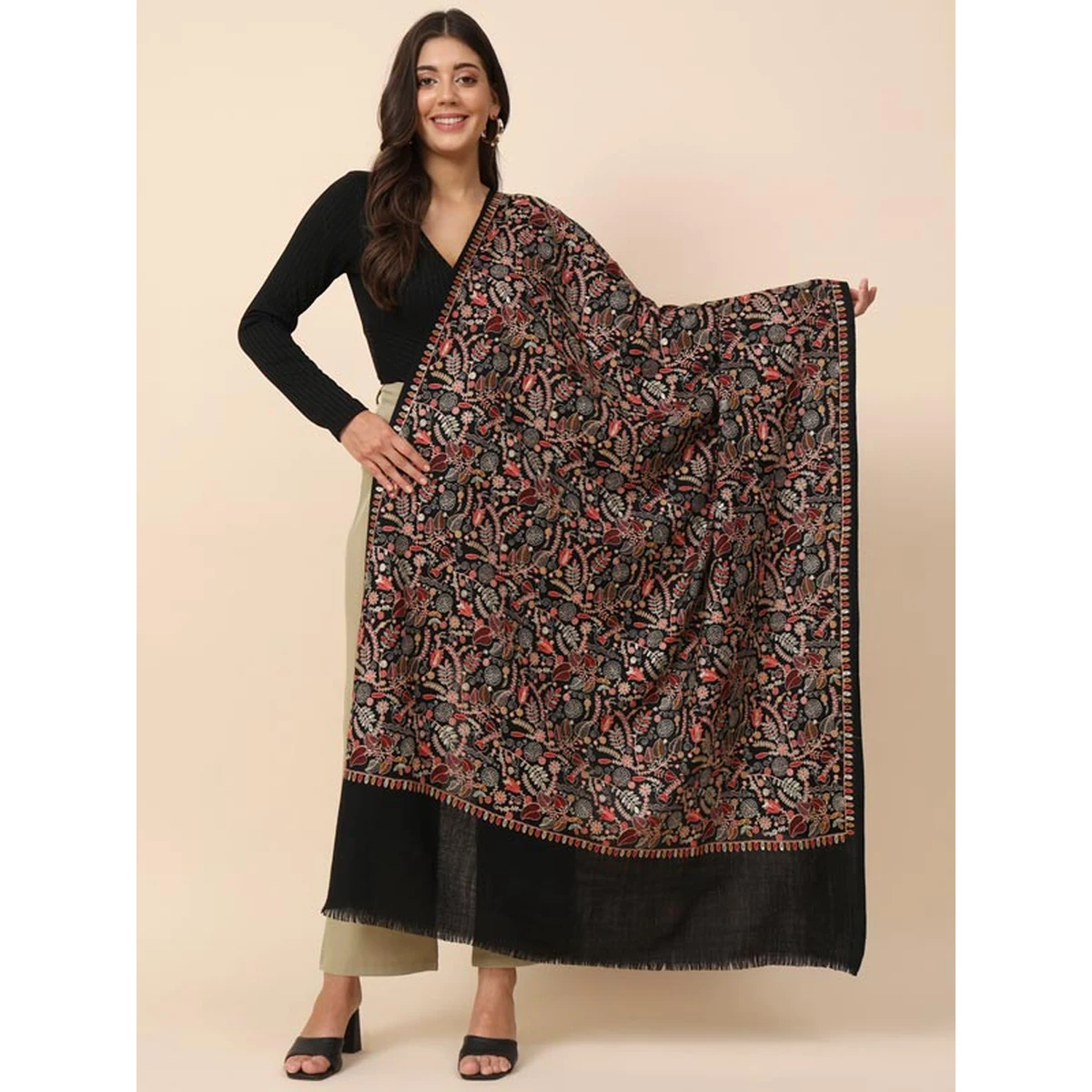 Women Gilkaari 100% Pure Wool Embroidered Shawl (Size 101X203 CM) thumbnail 2