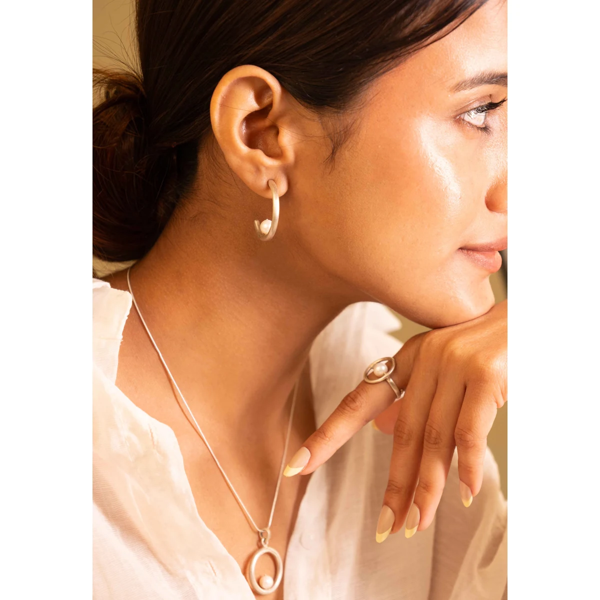 Premium Adya Halo Pearl Necklace Earring Ring Set