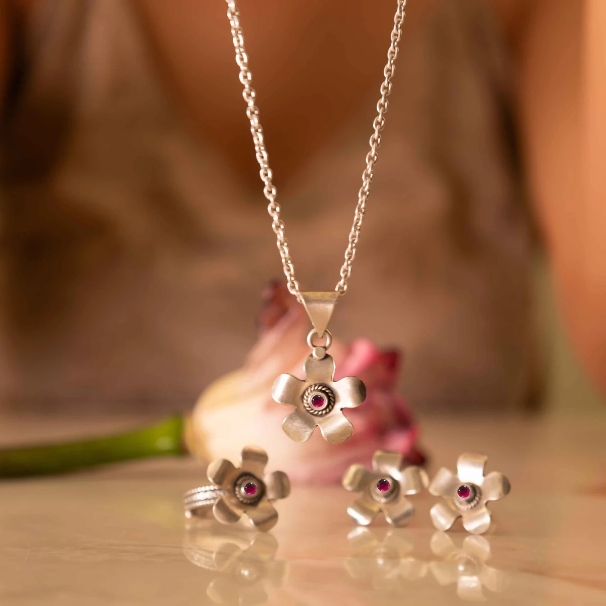 Premium Moh Raani Stone Flower Necklace Earring Ring Set