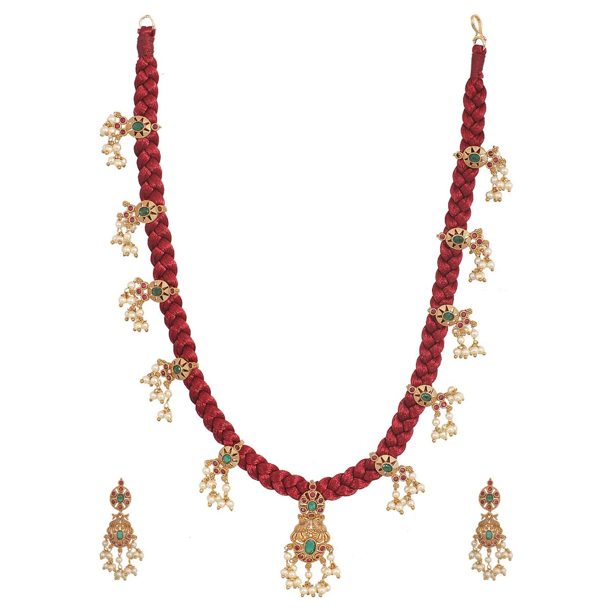 Premium Antique Gold Plated Lalita CZ Pendant Dori Necklace Earrings Set