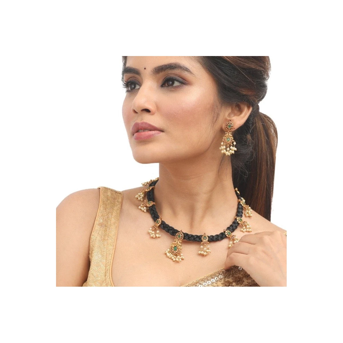 Premium Antique Gold Plated Lalita CZ Pendant Dori Necklace Earrings Set thumbnail 2