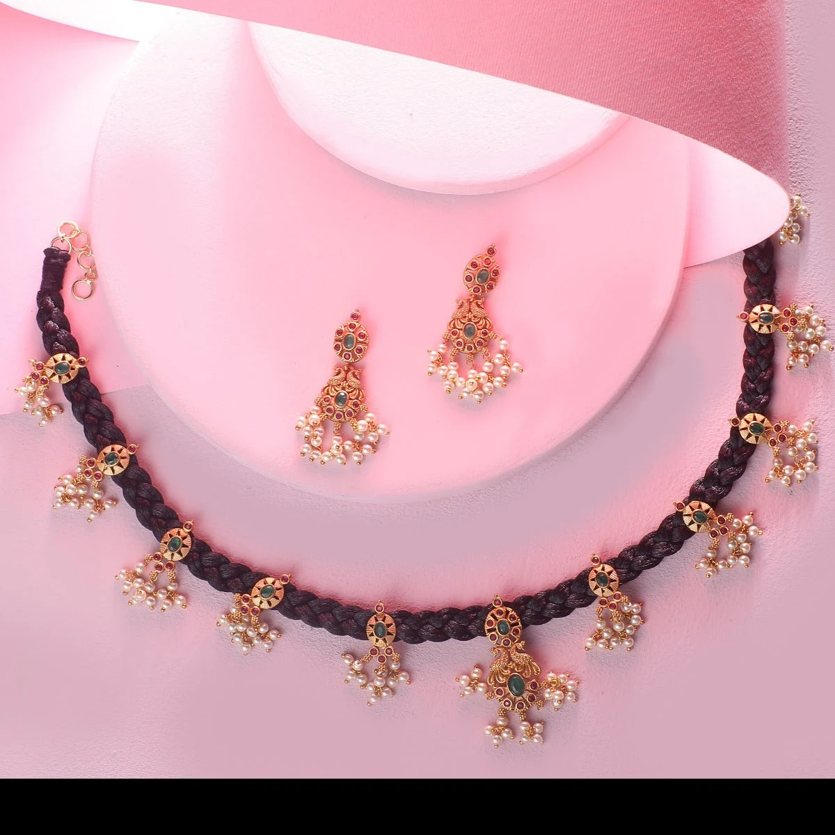 Premium Antique Gold Plated Lalita CZ Pendant Dori Necklace Earrings Set thumbnail 3