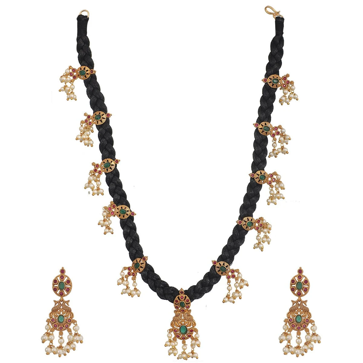 Premium Antique Gold Plated Lalita CZ Pendant Dori Necklace Earrings Set thumbnail 4