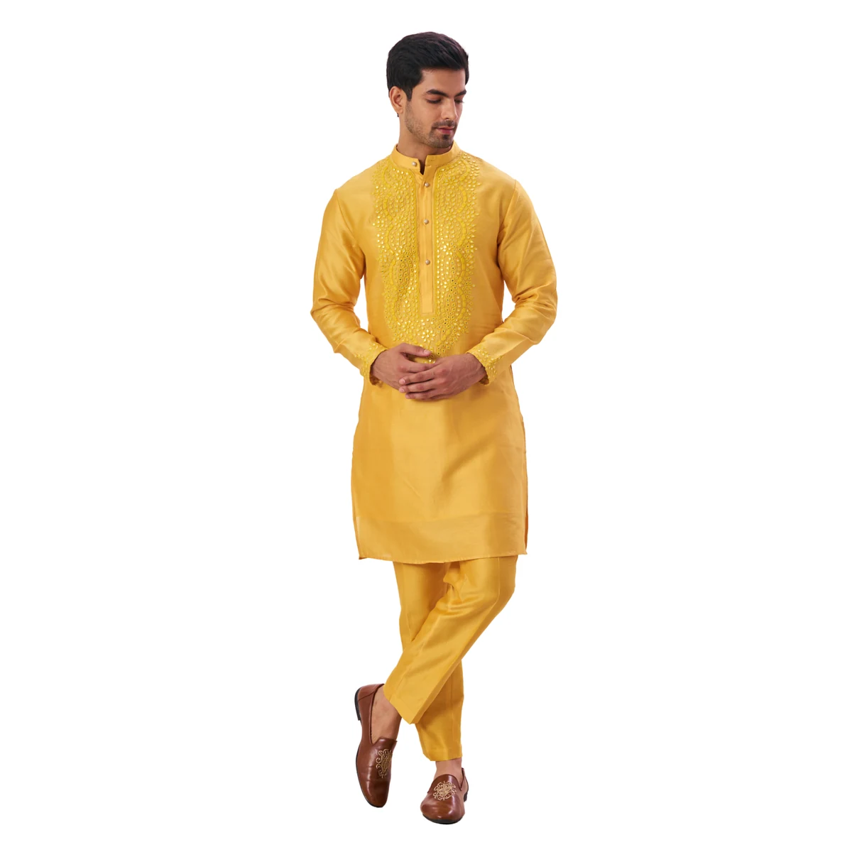 Premium Men's Gold Royal Mirror Work Kurta Pajama Set