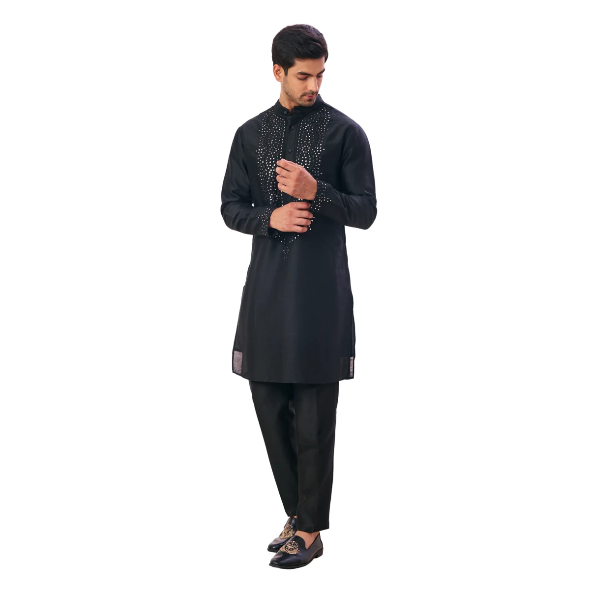 Premium Men's Gold Royal Mirror Work Kurta Pajama Set thumbnail 3