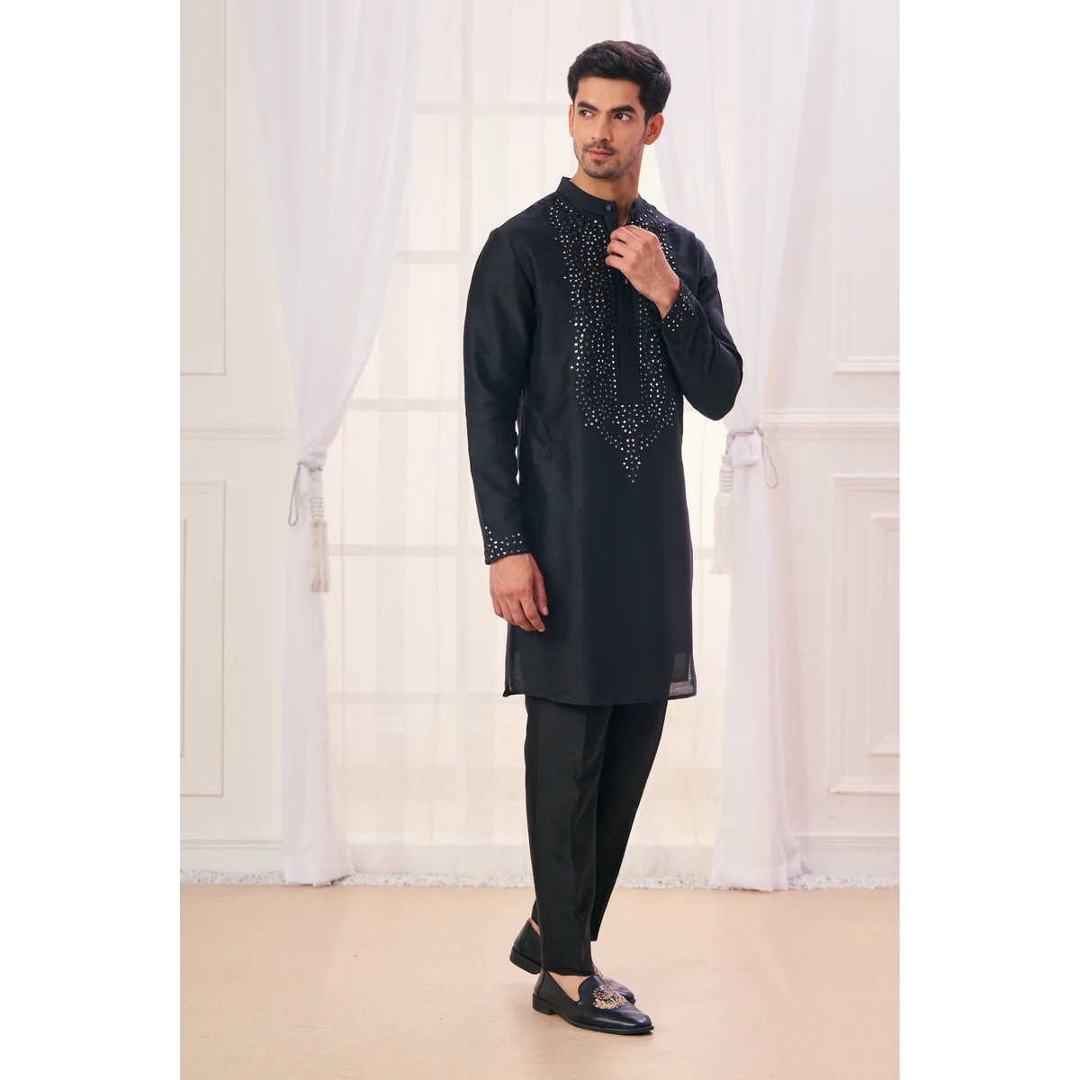 Premium Men's Gold Royal Mirror Work Kurta Pajama Set thumbnail 4